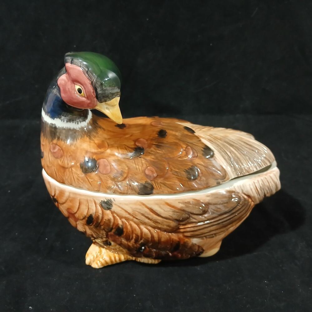Fitz and Floyd Pheasant Bird Covered Quail Pheasant Gravy Boat Covered Dish 1990